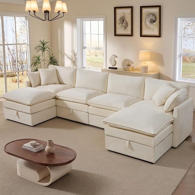 Ihanherry 135” Modular Sectional Sofa with Storage, U Shaped Cloud Couch with Movable Ottomans & 4 Pillows, Chenille Deep Seat Sectional Couches for Living Room, Apartment (Beige)
