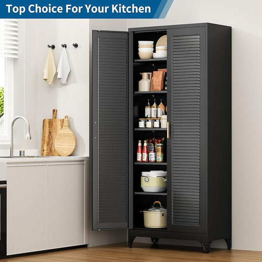 75" Metal Storage Cabinet with 5 Adjustable Shelves, Large Black Steel Pantry Cabinet with Doors, 180 lbs Max Load Per Shelf, Heavy Duty Utility Organizer for Garage & Workshop