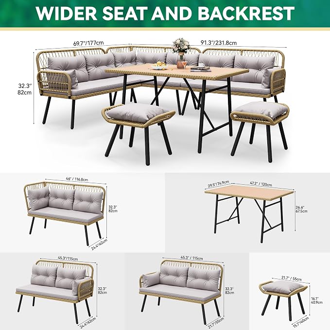 YITAHOME Patio Wicker L-Shaped Furniture Set, All-Weather Rattan Outdoor Conversation Sofa Set for Backyard Deck with Soft Cushions,Ottomans and Wood-Like Dining Table, Light Brown+Gray