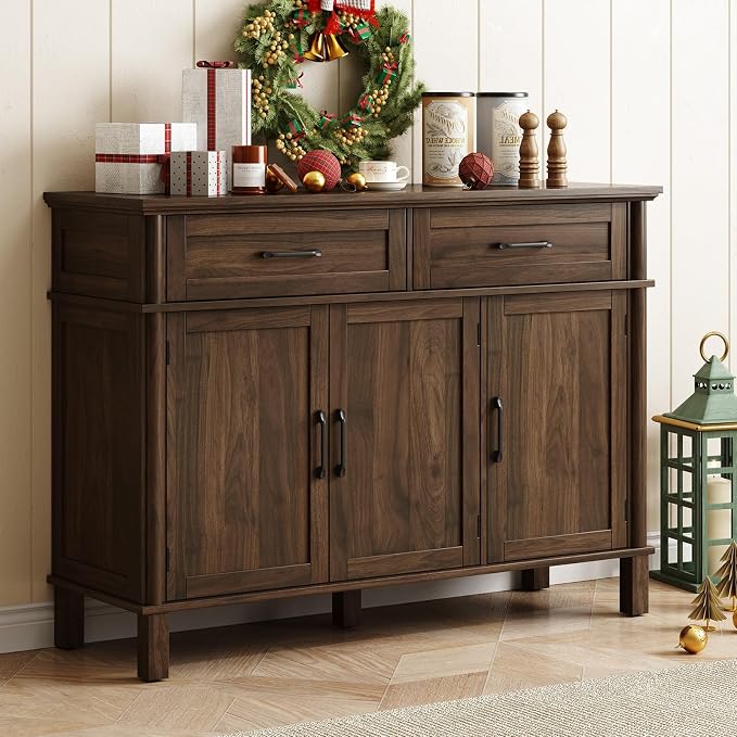 ONBRILL 48 Inch Buffet Cabinet with Storage, Farmhouse Sideboard Buffet w/2 Drawers and 3 Doors, Wood Coffee Bar Cabinet with Adjustable Shelves, Sideboard Storage for Kitchen, Living Room, Walnut