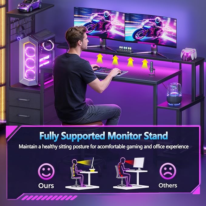 Korfile 55 Inch Gaming Desk with Bluetooth LED Lights & Power Outlets,Computer Desk with Fabric Drawers & Hooks,Reversible Gamer Table with Monitor Stand for Game Room,Home Office,Carbon Fiber Black