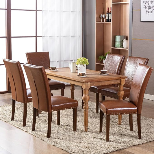 COLAMY Upholstered Parsons Dining Chairs Set of 2, PU Leather Dining Room Kitchen Side Chair with Nailhead Trim and Wood Legs - Light Brown