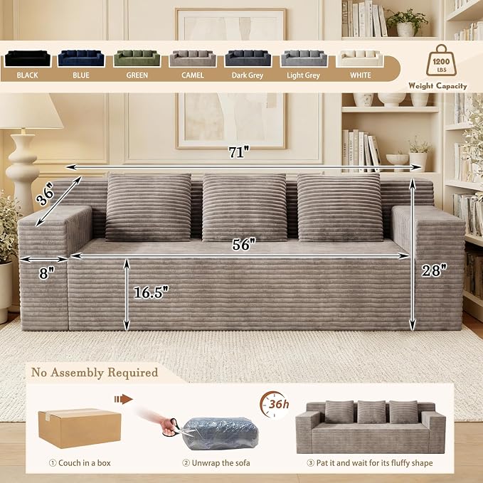 Kurhwyss 71" Corduroy Living Room Sofa, 3 Setaser Deep Seat Couch with 3 Lumbar Pillows, Comfy Boneless Sofa Modern Compressed Couch for Bedroom, Office, Apartment, No Assembly, Flat Armrests (Camel)