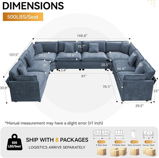147'' Oversized U Shaped Cloud Sectional Sofa, Chenille Deep Seat Couches for Living Room, Comfy Upholstered Modular Sectional Sofa Couch, Blue