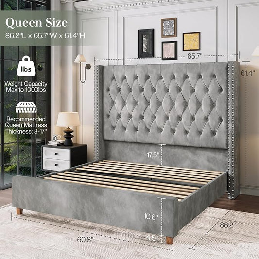 Jocisland Queen Bed Frame 61.4" Tall Headboard Velvet upholstered,Cream | Full Back Support Wingback Headboard,Deep Button Tufted Hand-crafted Pleats,Squeak-Free Sleep,Solid Wood Legs,Easy Assembly