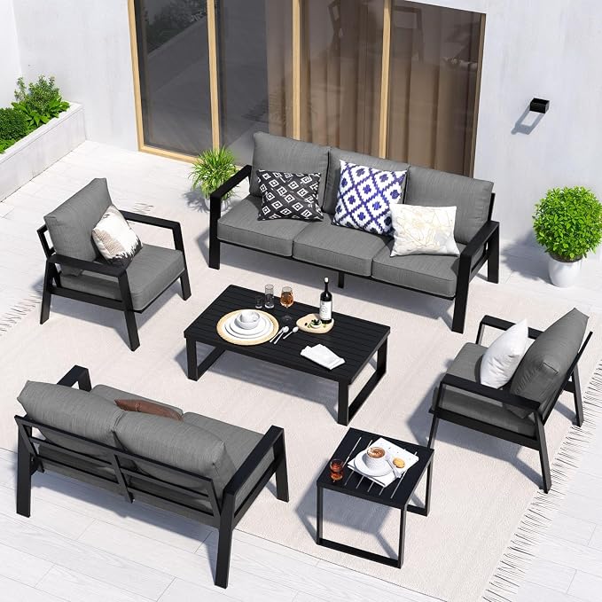 2 Pieces Aluminum Outdoor Armchair, Oversized Patio Couch, Modern Sofa All Weather Metal Furniture Set with 5" Cushions (Black/Dark Grey)