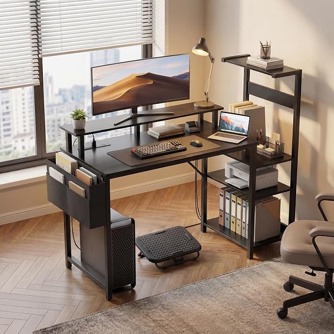 Apicizon 43 Inch Gaming Desk with LED Setup Style, Computer Desk with Storage Shelves & Monitor Stand, Reversible Workstation for Small Space, Home Office Desk Black