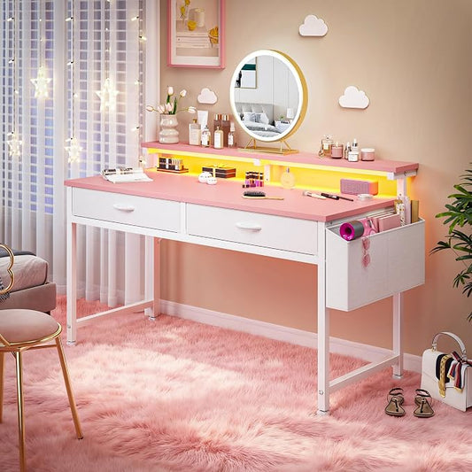 DurayLoly 47.3 Inch Office Computer Desk with LED Lights & 2 Fabric Drawers, Gaming Desk with Side Pocket & Ergonomic Monitor Stand, Small Space Study Writing Table with Anti-Tip Design,Pink