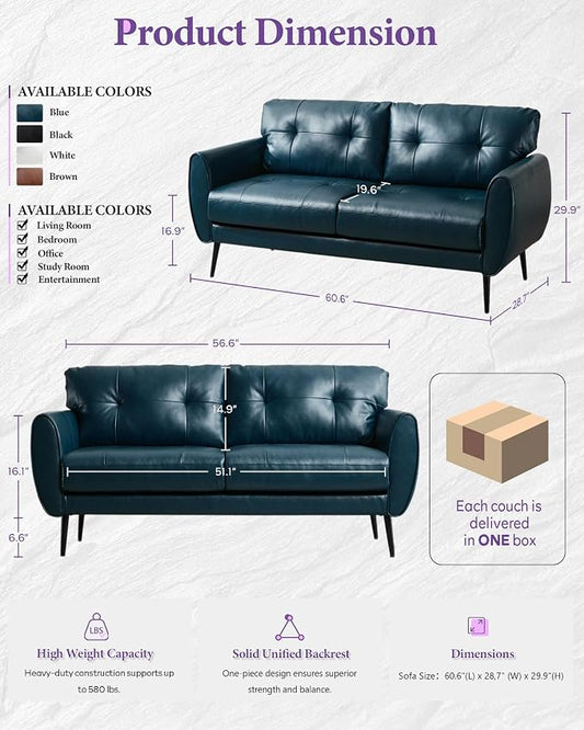 TYBOATLE Sofa Couch 61" Small Loveseat Couches for Living Room Blue Leather Couch Mid Century Modern Tufted Mini Sofa Comfy Office 2 Seat Settee Love Seat for Small Spaces Bedroom