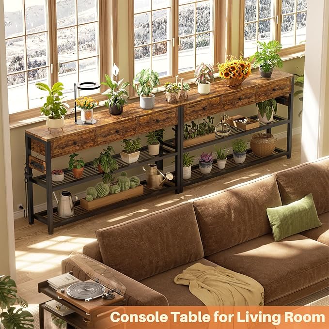 Ecoprsio 47'' Entryway Table with Outlets and USB Ports, Console Table with 3 Drawers, Sofa Table Narrow Long with Storage Shelves for Living Room, Couch, Hallway, Foyer, Kitchen Counter, Rustic Brown