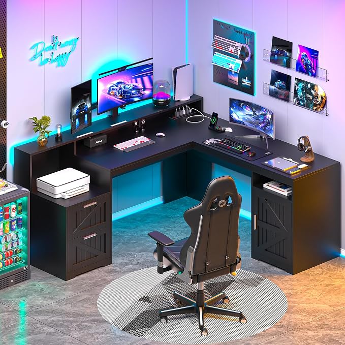 YOMILUVE 63" Farmhouse L Shaped Desk with Drawers & Storage Shelf, Corner Computer Desk with Power Outlets for Home Office, Executive Desk with Monitor Stand, Printer Shelf, Black