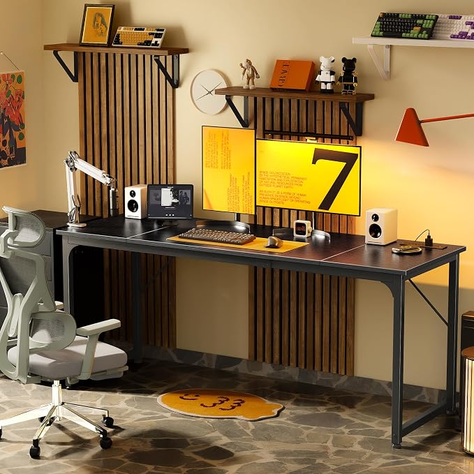 PRAISUN 70 X 24 Inch Office Computer Desk with Power Outlets and USB-C Port, Larger and Longer Gaming Desk, for Home Office, Study, Writing Work from Home Table, Metal Frame, Black