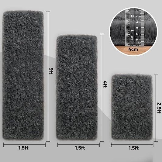 Ophanie Small Rug Washable Non Slip Throw Bedside Area Rugs, Fluffy Soft Mini Bedroom Carpet, 1.5x2.5,1.5x4 and 1.5x5 Rug Set, 3 Piece Grey with Over 99 pcs Pile fibers