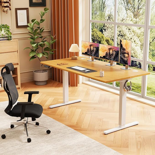 Sweetcrispy Electric Standing Desk Adjustable Height, 55x24 Inch Sit Stand Up Home Office Desks Computer Workstation PC Work Table with 3 Memory Preset Splice Wood Board Metal Frame, Oak