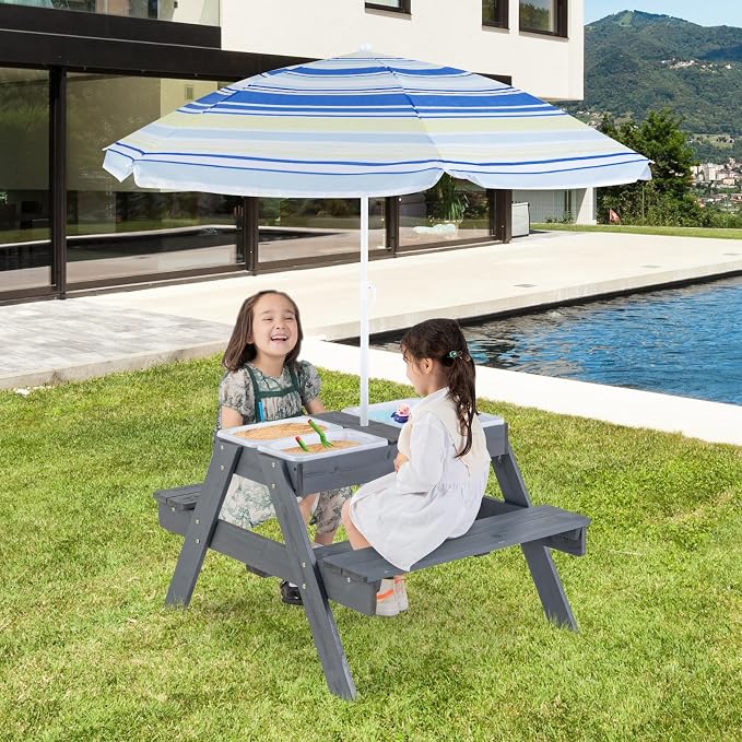 HONEY JOY Kids Picnic Table, 4 in 1 Cedar Wooden Sand & Water Table w/ 3 Removable Box & Umbrella, Kids Picnic Tables for Outdoors Backyard Garden, Toddler Patio Furniture Set for Boys Girls(Gray)