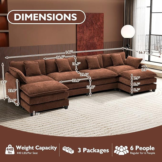 Ihanherry 146" U-Shaped Modern Sofa Modular Sectional Luxurious and Comfortable with 2 Ottoman, 6-Seat Chenille Deep Seat Sofa with 6 Pillows for Living Room, Bedroom and Apartment, Brick Red