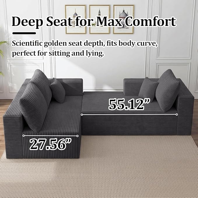 118" Modular Sectional Sofa with Chaise and Ottoman, Oversized U-Shaped Corduroy Cloud Couch, Deep Seat Boneless Couch for Living Room, No-Assembly - Grey (Right Facing Chaise)