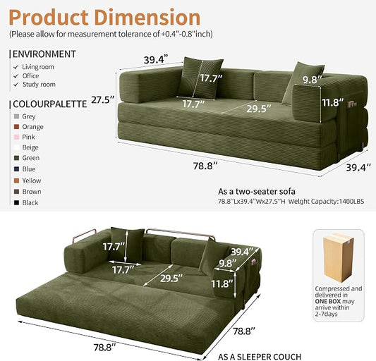 78.8" Convertible Sofa Bed with Armrest Pillow, 4-in-1 Sleeper Couch Bed for Livingroom, Modular Corduroy Boneless couches, No Assembly (Green)