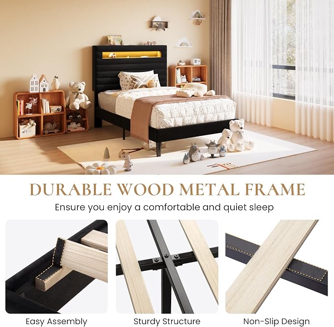 SHA CERLIN Twin Bed Frame with LED Light & 2-Tier Storage Shelf, Velvet Upholstered Adjustable Headboard with Charing Station, Horizontal Channel Tufted, No Box Spring Needed, Easy Assembly, Black
