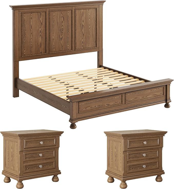 AMERLIFE Solid Wood 3 Piece Bedroom Set Including 65.2" High King Bed Frame, Fully Assembled Nightstands Set of 2 with 2 Storage Drawers for Bedroom, Light Brown