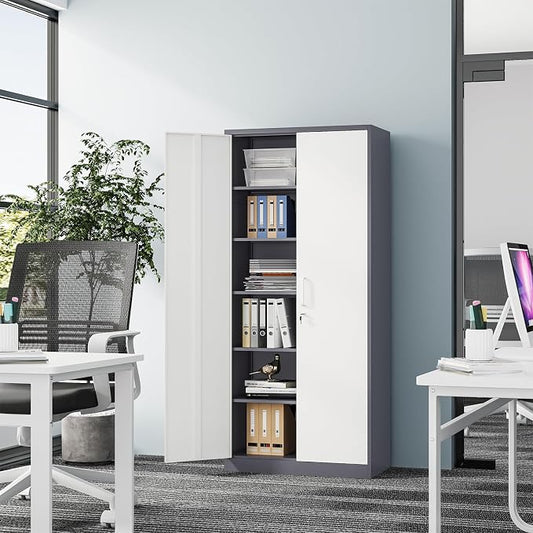 Fesbos Metal Cabinet Steel Storage Cabinet - 71” Tall Steel File Cabinets with Lockable Doors and 5 Adjustable Shelves Gray&White Storage Cabinets for Home, School, Office, Garage