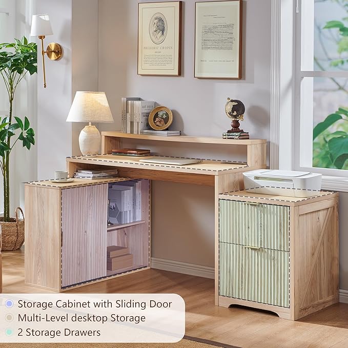 67" Modern Desk with Cabinet & 2 Drawers, Office Desk Built‑in Outlet | luted Computer Writing Desk, storage cabinet with sliding doors, Oak