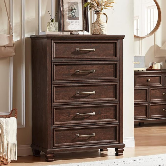 SAVOR LIFE Farmhouse Dresser and Nightstand Sets 2 Piece, 5 Drawer Dresser & 2 Drawer Nightstand Set, Rustic Wood Bedroom Furniture Set for Home, Bedroom, Hallway, Walnut