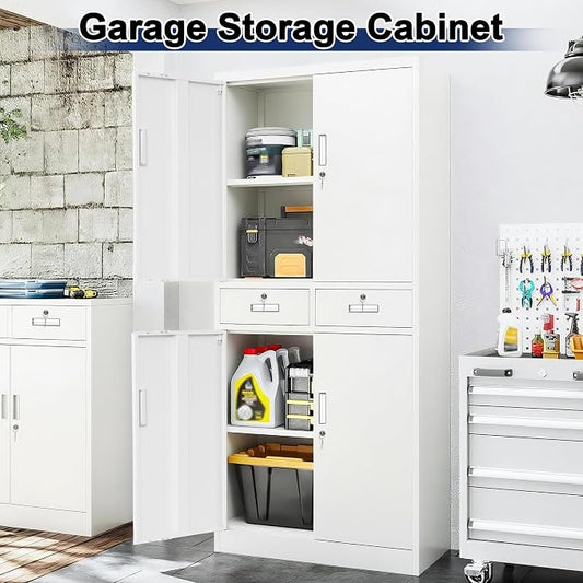 BESFUR Metal Garage Storage Cabinet with Two Drawers Locking Doors and 2 Adjustable Shelves, White Tall Storage Cabinets, Tool File Lockable Cabinet for Garage Office Warehouse Shop(71”H)