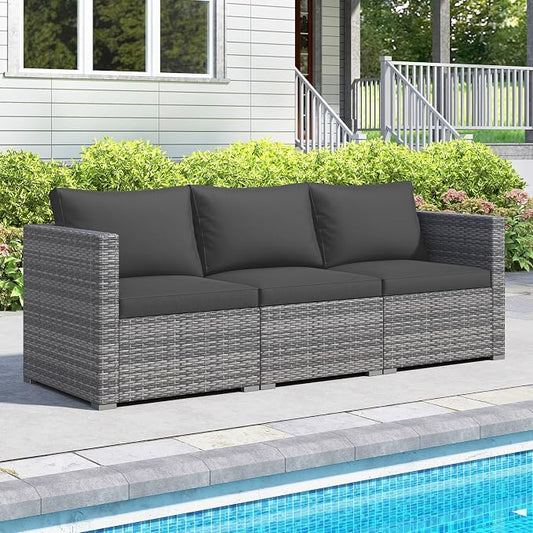 Tangkula 3 Seat Outdoor Wicker Sofa Set, Modular PE Rattan Patio Cushioned Sectional Couch Set, Outside Furniture Set for Deck, Backyard, Porch, Garden & Poolside (Black)