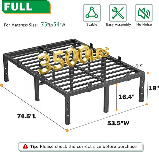 18 Inch Full Size Bed Frames, Heavy Duty Metal Platform 3500 lbs Capacity, No Box Spring Needed, 6 Mattress Slide Stopper, Headboard Holes, Noise-Free, Easy Assembly, Black