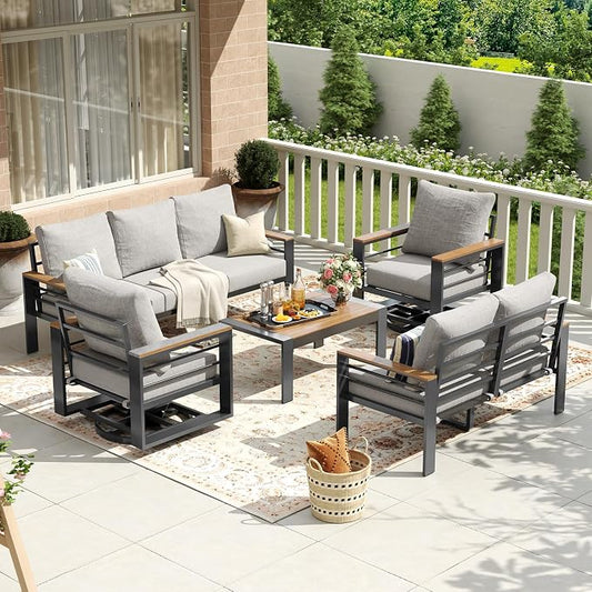 Aoxun Aluminum Patio Furniture Set 7 Seats with Rocking Chair, Oversized Outdoor Sectional with Washable Thick Cushions, Coffee Table, Patio Conversation Sets for Porch, Balcony, Deck