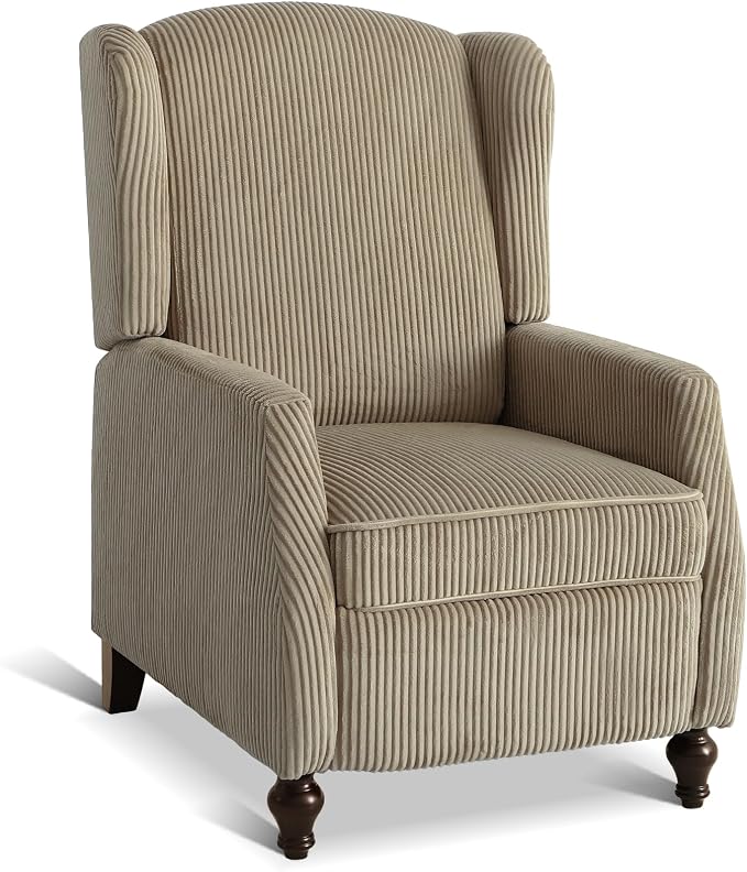 Upholstered Wingback Recliner Chair, Cozy Corduroy Manual Push Back Recliner for Living Room, Bedroom (1, Khaki)