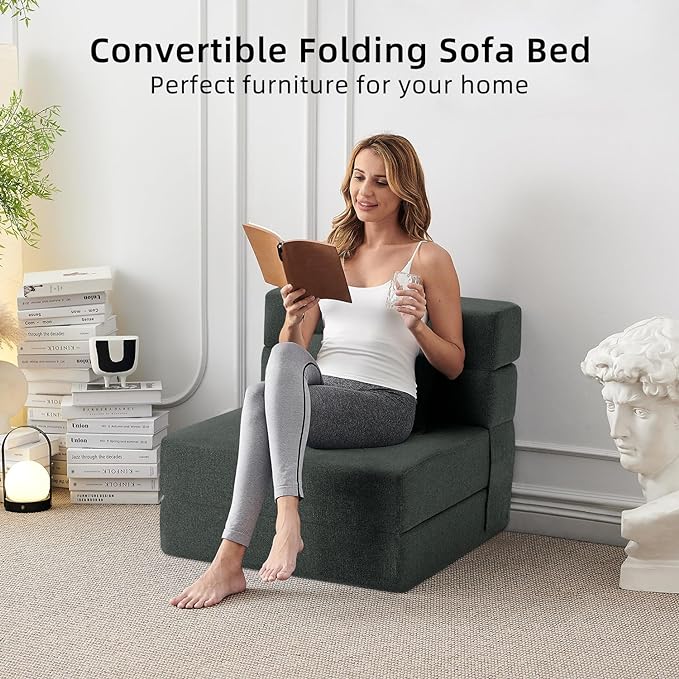 FILUXE Folding Sofa Bed | Convertible Sleeper Chair Bed for Adults, Fold Out Chair to Bed Linen Futon Chair with Pillow, for Home Dorm Apartment RV Living Room, Single Size Dark Gray