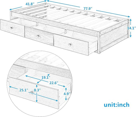 Merax Wood Captain's Platform Storage Bed with 3 Drawers,Classic Bed Frame No Box Spring Needed Twin, White