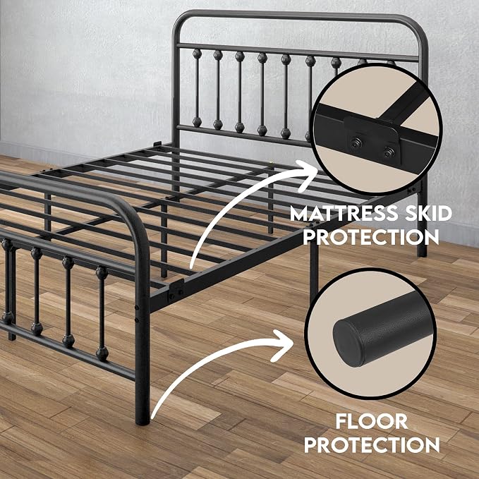 Golden Gate Beds Victorian Vintage Style Metal Bed Frame with Wrought Iron Headboard and Footboard, Classic Platform Bedframe Storage, No Box Spring Needed, Mattress Foundation, Black, California King