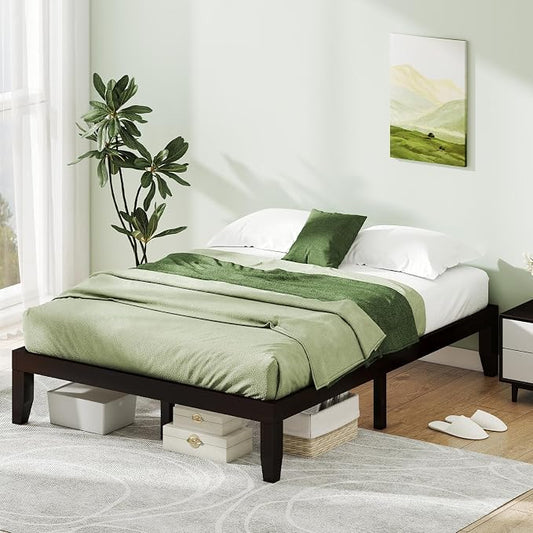 KOMFOTT 14 Inches Wood Platform Bed Frame Queen Size, Wooden Mattress Foundation with Rubber Wood Frame, Strong Wooden Slat Support, No Box Spring Needed, Bed Frame (Dark Brown)