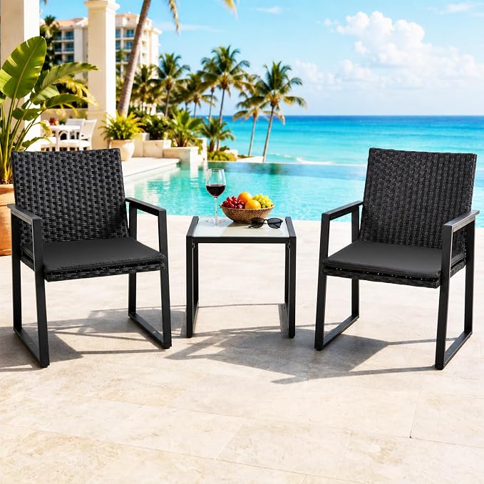 Shintenchi 3 Pieces Wicker Patio Bistro Sets, Rattan Patio Conversation Set with Coffee Table, Outdoor Wicker Furniture Set for Lawn, Garden, Balcony (Black)