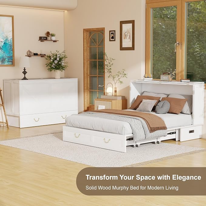 Solid Wood Murphy Bed Cabinet:Queen Size Murphy Bed with USB Charging Station and Large Storage Drawer for Home,Optimize Sleeping Space(Mattress Not Included) White Brown-14