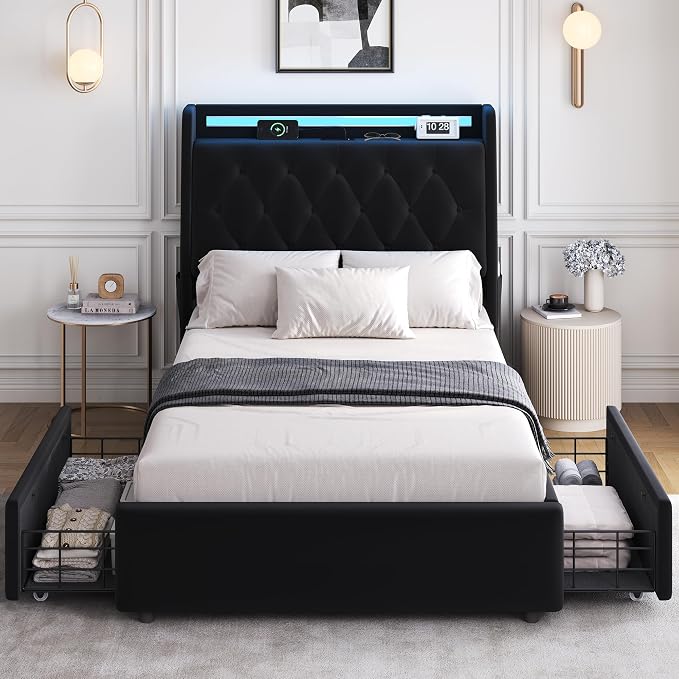 Twin LED Velvet Bed Frame with 2 Storage Drawers&Hidden Headboard, Upholstered Platform Bed with Charging Station&Button Tufted Design, Wooden Slats Support, Box Spring Optional, Easy Assembly, Black