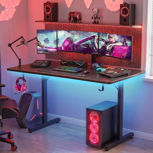 GTPLAYER Gaming Desk 55 Inch with LED Lights, Large Computer Desk with Mouse Pad for Home Office, T-Shaped Carbon Fibre Surface PC Game Workstations with Headphone Hook