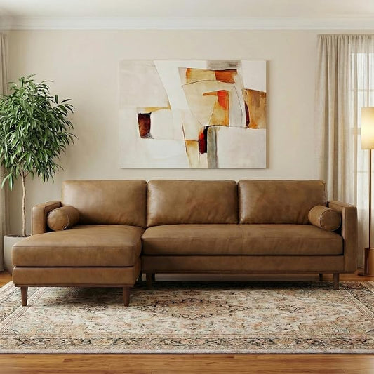 SIMPLIHOME Morrison Left Sectional Sofa in Full-Grain Genuine Leather, Caramel Brown, 102-inches Wide, L-Shaped Leather Couch with Left Chaise for The Living Room and Family Room