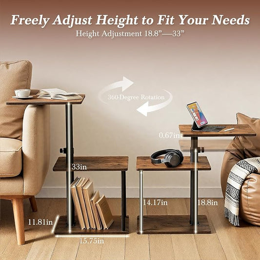 Faesun 360° Swivel Side Table for Height Adjustable, C Shaped End Table for Couch with Storage, 3-Tier Night Stand with Open Shelf, Tv Tray for Small Spaces, Living Room, Bedroom, Rustic Brown