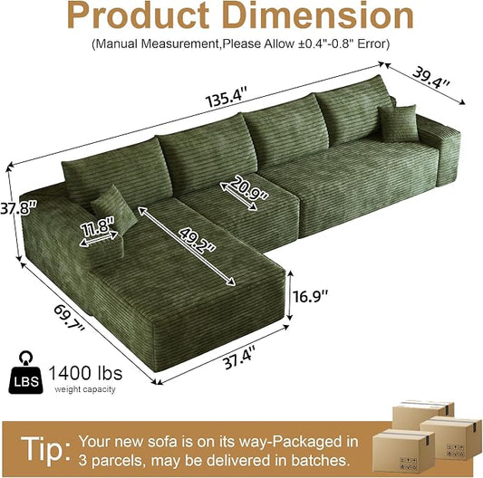AUGOP 136" Sectional Couches for Living Room Modern Modular Sofa with L-Shape Couchs Upholstered Boneless Couch Deep Seat Sectional Couch with Chaise (Green, Left Facing Chaise+3Seaters)