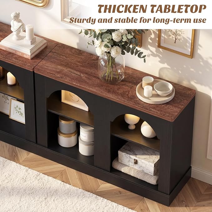 Unikito Arched Console Table with LED Lights, 94" Long Farmhouse Entryway Table with Adjustable Shelves, Sideboard Buffet Storage Cabinet for Entrance/Hallway/Living Room, Sofa Table Behind Couch