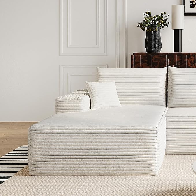 107" Corduroy Couch for Office, Cloud L Shape Sofa, Deep Seat Comfy Couches for Living Room Bedroom Apartment, Compressed Foam No Assembly Required, Left Facing Chaise, White