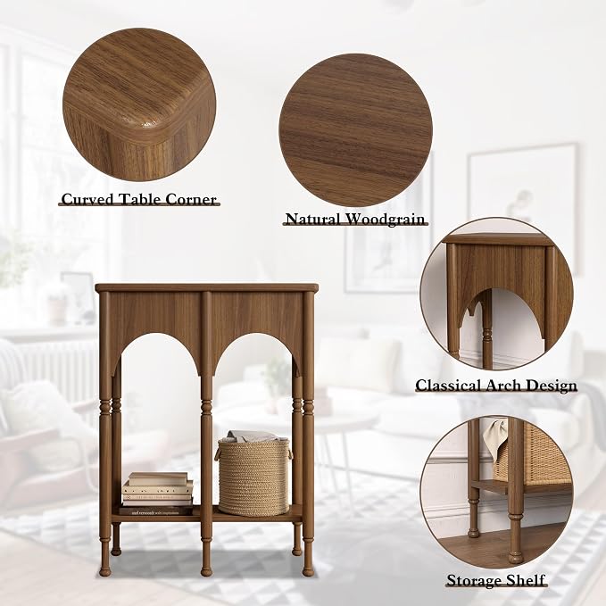 Console Table with Storage Shelf, 28" Retro 2-Tier Entryway Table, Wooden Sofa Table with Roman-Style Legs for Living Room, Hallway, Brown