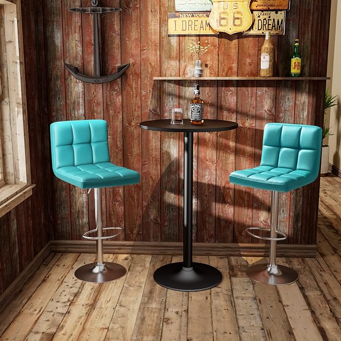 Homall Bar Stools Modern PU Leather Adjustable Swivel Barstools, Armless Hydraulic Kitchen Counter Bar Stool Extra Height Square Island Barstool with Back Set of 2 (Leather, Blue)