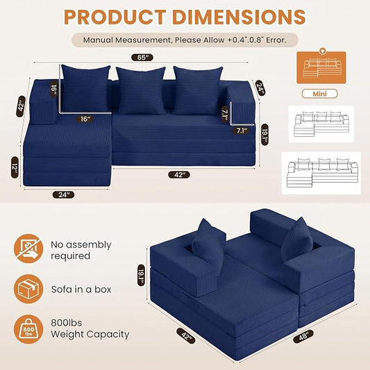 65" Modular Sectional Sofa, Boneless Convertible Sleeper Sofa Bed, Modern Tri-Folding Cloud Couch with L-Shape Chaise, Corduroy Futon Couches for Small Spaces Apartment,No Assembly,Blue