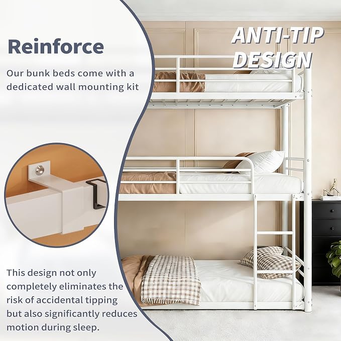Metal Triple Bunk Bed with Ladder for 3 Kids/Teen/Adults Bedroom,Twin Over Twin Over Twin Heavy Duty Metal Bunk Bed, Heavy Duty Triple Bed Frame for Girls & Boys, No Box Spring Needed (White)