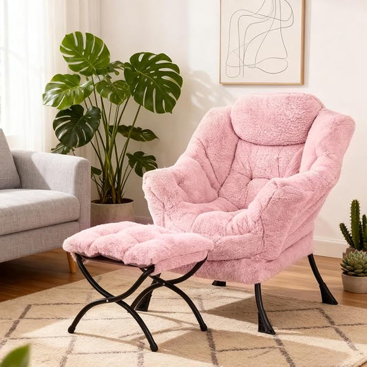 Lazy Chair with Ottoman, Modern Accent Chair Lounge Leisure Sofa Chair with Armrests, Reading Chair and Folding Footstool for Living Room, Bedroom, Office, Plush Pink